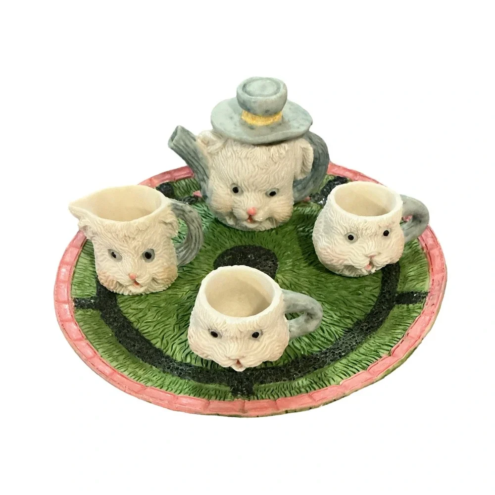 Miniature Cat Face Tea Set Resin Teapot Cups Creamer Tray Cottagecore Decor